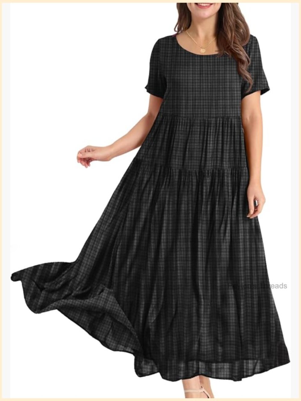 Black Plaid Short-Sleeve Tiered Maxi Dress - Women